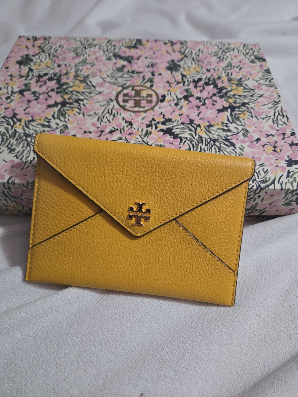 Tory Burch Mustard Yellow Pebbled Leather Envelope Wallet